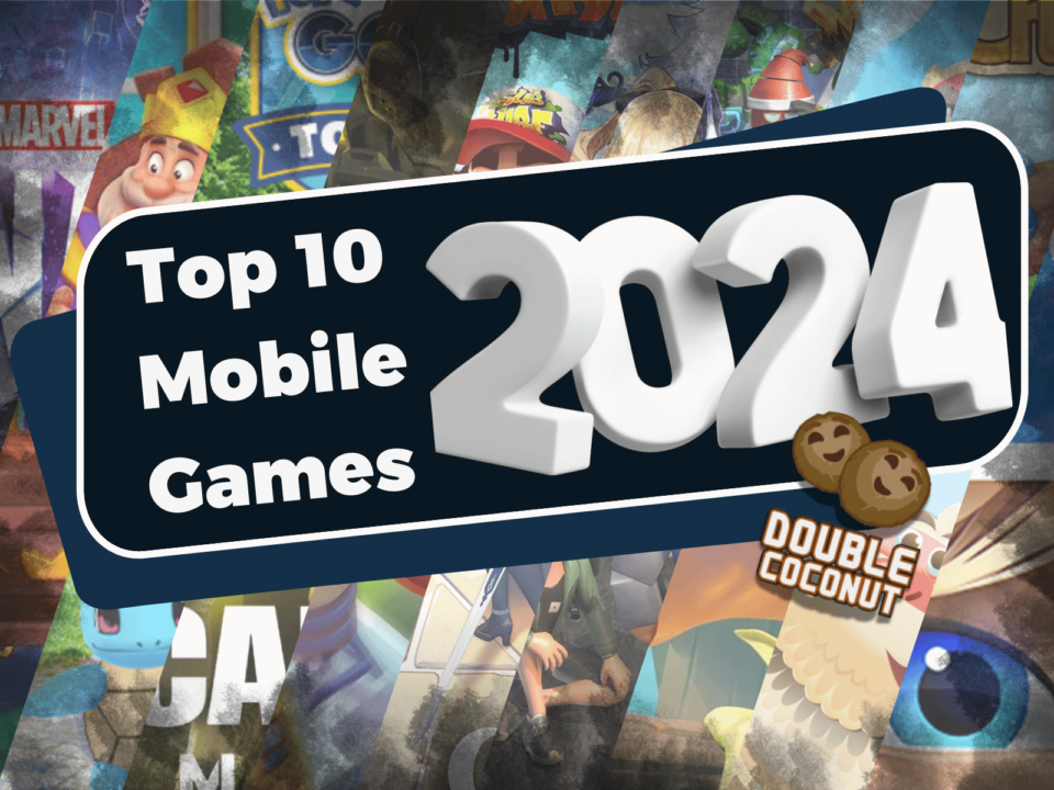 Banner for "Top 10 Mobile Games 2024" with the Double Coconut logo and blurred game characters, including Heads up, in the background